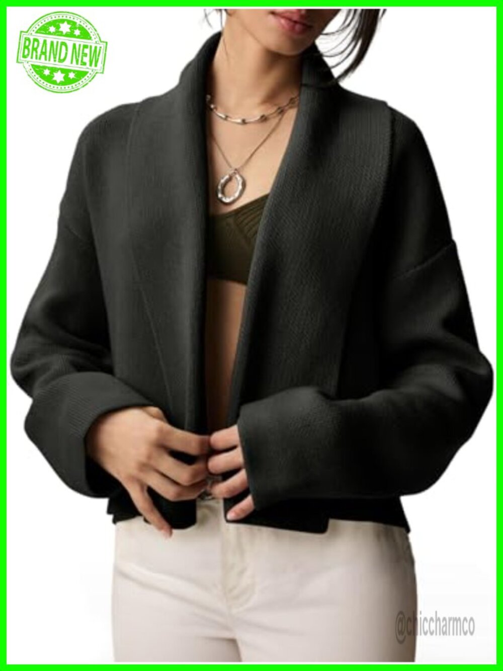 Womens Cropped Cardigan Sweater Shawl Collar Open Front Long Sleeve